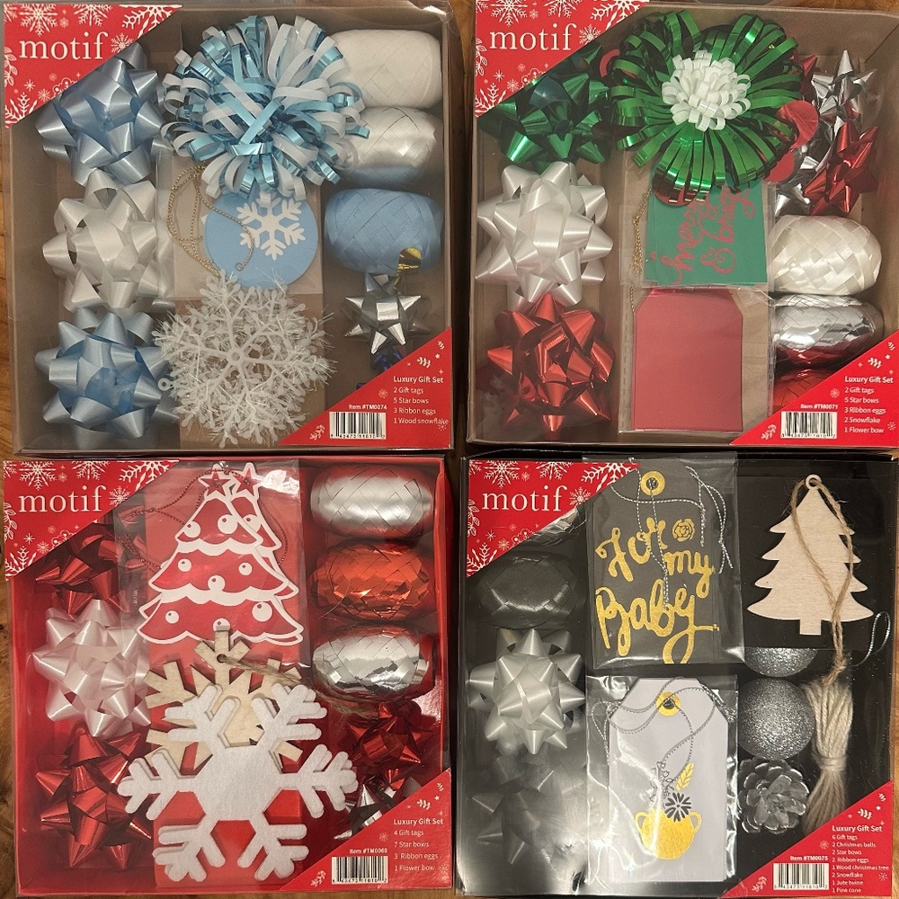 4 Sets Gift Wrap Accessory Kits, Present Wrapping Accessories, Ribbons/Bows/Tag